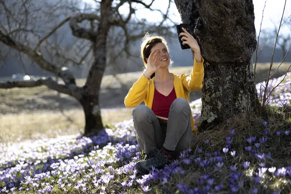 Mid Adult Woman Live Chatting  under an Apple Tree in Springtime Meadow full of Saffrons