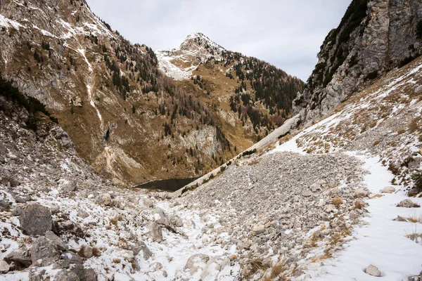 Adversity and Danger of Winter Alpine Trail Path Covered With Snow