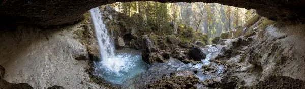 Panoramic View From Under or Behind Mountain Waterfall in Alps - Upper Small Pericnik Cascade in Vrata Valley Slovenia