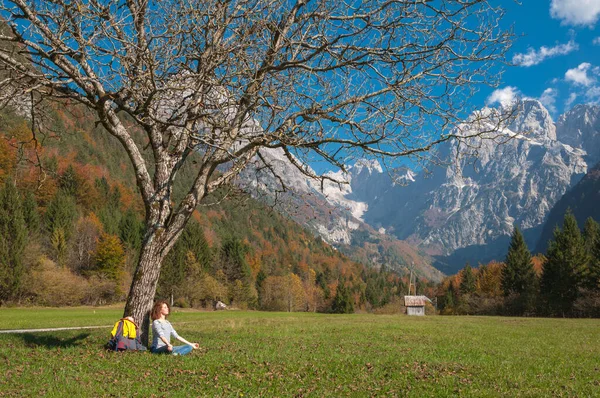Woman Backpacker Meditation Tree Beautiful Mountain Range Nature Continue Her — Stock Photo, Image