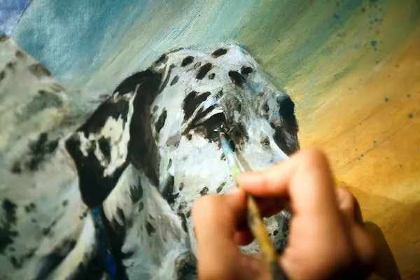 Detailed Paint Process of a Dog on Canvas by an Artisan Expert painter Hand Close Up