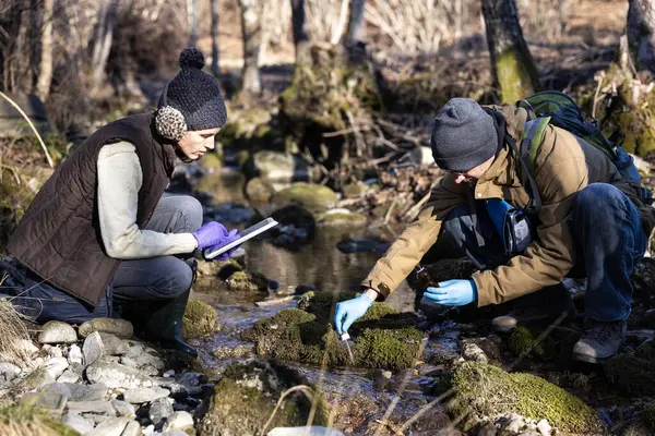 Kavkazští Mladí Dospělí Biologové Sbírající Vzorky Vody Lesního Potoka Zimě — Stock fotografie