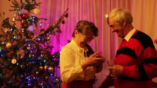 Serene Senior Caucasian Couple Exchanging Christmas Gifts Christmas Tree Living — Stock Video
