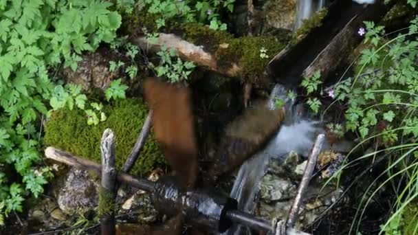 Miniature Hand Made Water Mill Small Water Stream Rotating Close — Stok Video