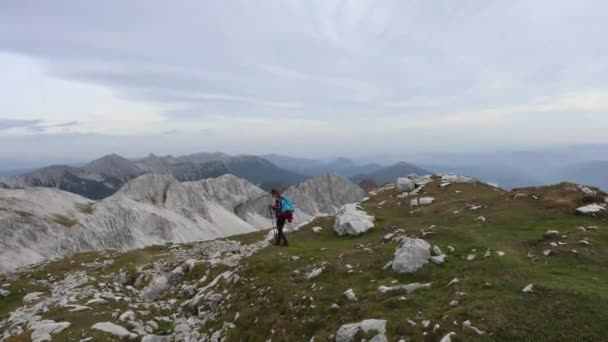 Volwassen Vrouw Wandelaar Ontdekkingsreis Een Bergtop Plateau Batognica Julian Alps — Stockvideo