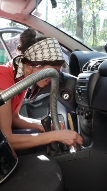 Pretty Mid Adult Woman Cleaning Her Car Vacuum Cleaner Beautiful — Stok video
