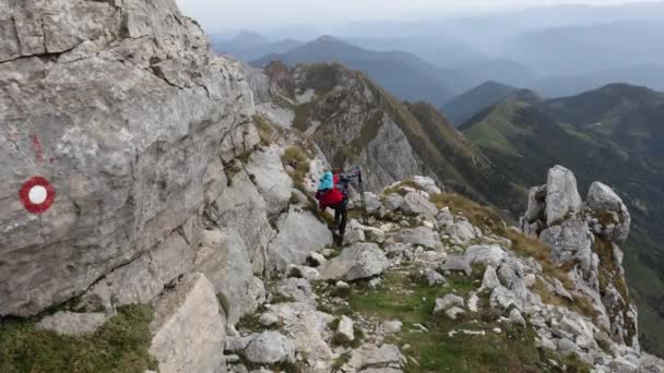 ジュリアン アルプス スロベニアのバトグニカ サミットへの登山からトレイル上の大人の女性ハイカー — ストック動画