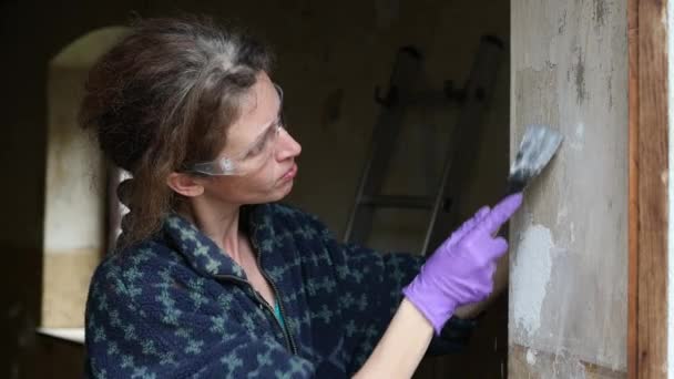Mid Adult Woman Expertise Herstellen Ruined Wall Een Oude Boerderij — Stockvideo