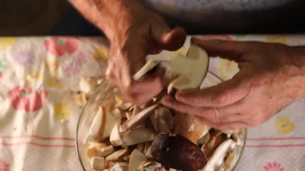 シニアコーカサスマンハンド新鮮なポルチーニのマッシュルームを準備 — ストック動画