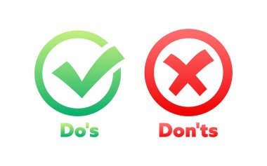 Dos and Donts etiketi. Yeşil işaretli evet ve kırmızı işaretli simge yok. Vektör illüstrasyonu