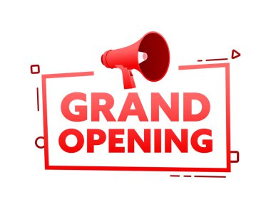 Büyük açılış konuşması kabarcık pankartlı megafon. Promosyon ve reklam etiketi. Vektör illüstrasyonu