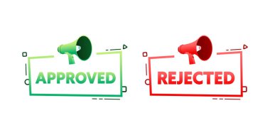 Onaylanmış ve reddedilmiş konuşma balonu pankartlı megafon. Promosyon ve reklam etiketi. Vektör illüstrasyonu