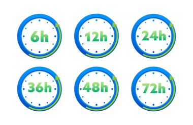 12, 24, 36, 48 ve 72 saatlik saat oku. Çalışma ve Teslimat Servis Etkisi zaman simgeleri. İnfaz emri. Vektör illüstrasyonu