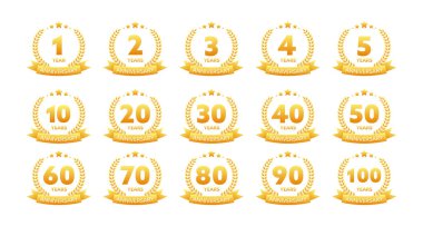 Defne çelenkli yıldönümü ikonu. 10, 20, 30, 40, 50, 60, 70, 80, 90, 100 yıllık jübile. Kutlama yıldönümü etkinliği. Vektör illüstrasyonu