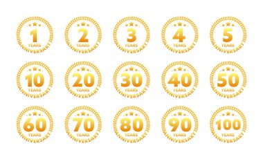 Defne çelenkli yıldönümü ikonu. 10, 20, 30, 40, 50, 60, 70, 80, 90, 100 yıllık jübile. Kutlama yıldönümü etkinliği. Vektör illüstrasyonu