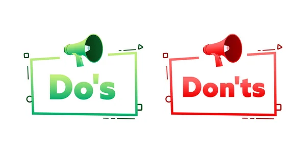 Dos and Donts konuşma baloncuğu pankartlı megafon. Promosyon ve reklam etiketi. Vektör illüstrasyonu