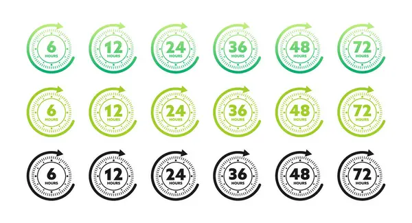 12, 24, 36, 48 ve 72 saatlik saat oku. Çalışma ve Teslimat Servis Etkisi zaman simgeleri. İnfaz emri. Vektör illüstrasyonu