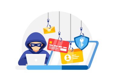 Siber güvenlik konsept vektör illüstrasyonu, sahte kancalı bir hacker 'ın e-posta, kredi kartı ve güvenli verileri hedef aldığını gösteriyor..