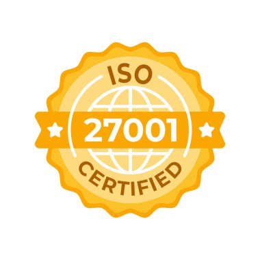 ISO 27001 Sertifikalı Mühür İllüstrasyonu - Bilgi güvenliği yönetim sistemleri için uluslararası standardı temsil eden zarif bir altın ve beyaz rozet.