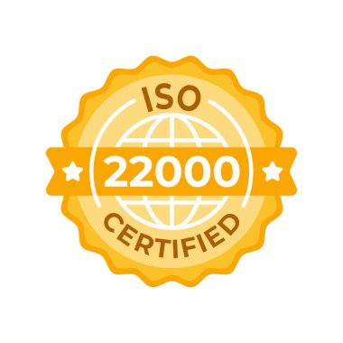 ISO 22000 sertifikalı mührün, uluslararası gıda güvenliği yönetim standartlarını temsil eden, altın rozetli ve yıldızlı vektör illüstrasyonu.
