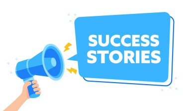 İIham verici Mavi Megafon Yayın İllüstrasyonu El Tutma İşaretli SUCCESS Hikayeleri.