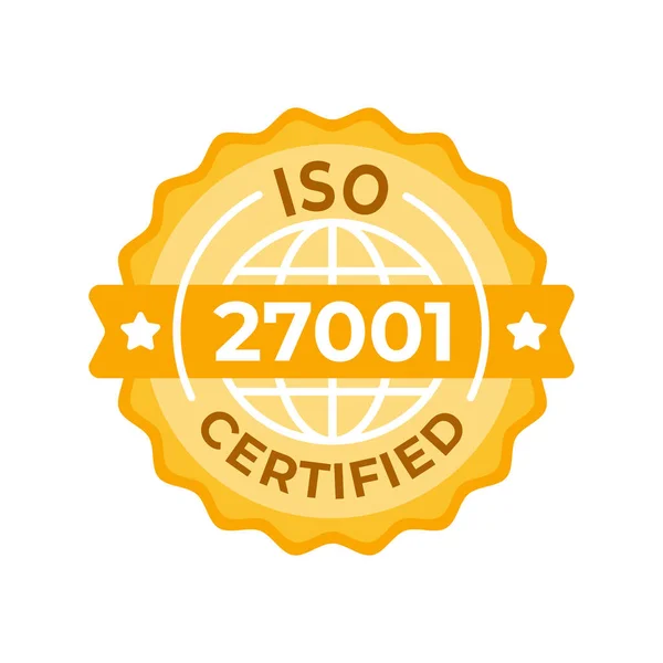 ISO 27001 Sertifikalı Mühür İllüstrasyonu - Bilgi güvenliği yönetim sistemleri için uluslararası standardı temsil eden zarif bir altın ve beyaz rozet.