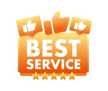 Canlı turuncu BEST SERVICE vektör rozeti başparmaklar yukarı ve yıldız simgeleri, mükemmel müşteri hizmetleri ve memnuniyetini temsil ediyor.