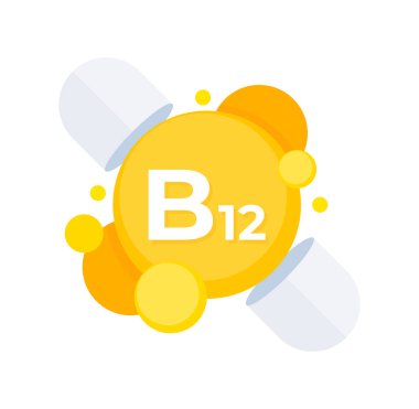 Enerji ve metabolik fonksiyon desteği için canlı sarıyla betimlenmiş B12 vitamin takviye kapsülleri.