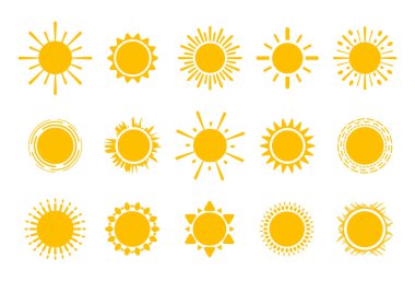 Beyaz arka planda çeşitli ışınlar ve tasarımlarla biçimlendirilmiş güneş ikonlarının canlı dizilimi.