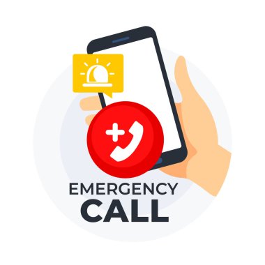 Elinde acil çağrı simgesi ve uyarı sembolü olan bir akıllı telefon var..