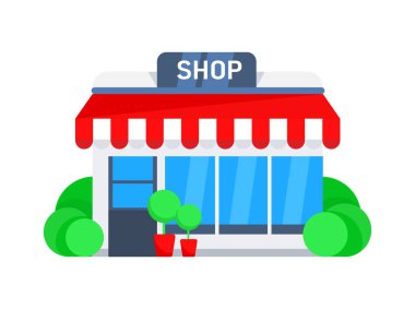 Kırmızı çizgili tenteli, geniş vitrin pencereli ve dışarıda saksı bitkileri olan küçük bir dükkan cephesi..