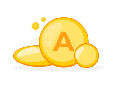 A damgalı sarı kapsüller gösteriliyor, A vitamini takviyelerini temsil ediyor.