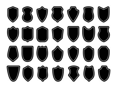 Güvenlik, güvenlik ve doğrulamayı temsil eden, kontrol işaretleriyle kolleksiyon kalkanı şekilleri.
