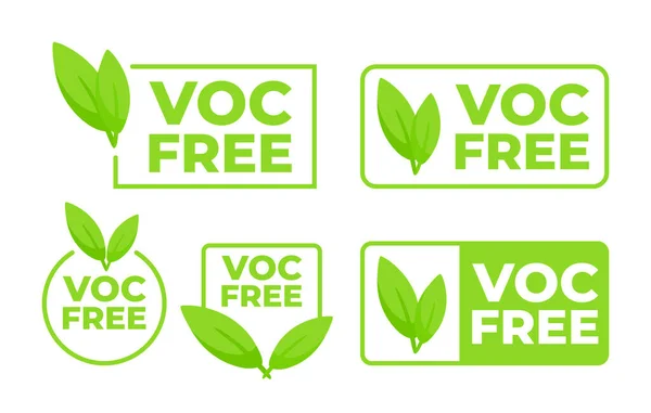 stock vector Set of green badges with the text VOC Free and a leaf icon, representing products that do not contain volatile organic compounds