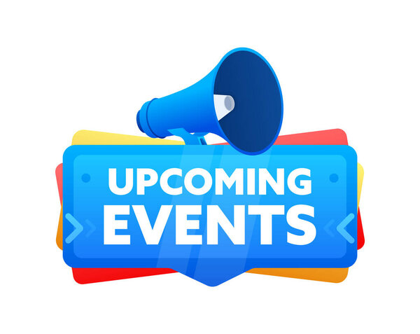 Próximos Eventos Insignia Con Megáfono Etiqueta Marketing Publicidad Ilustración Vectorial — Vector de stock