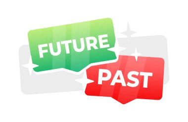 Yeşil FUTURE ve kırmızı PAST ile iki konuşma kabarcığı, zaman arasındaki zıtlığı ve geçişi sembolize ediyor