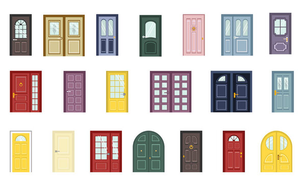 Set Colorful front doors to houses. House facade or room entry. Vector illustration.
