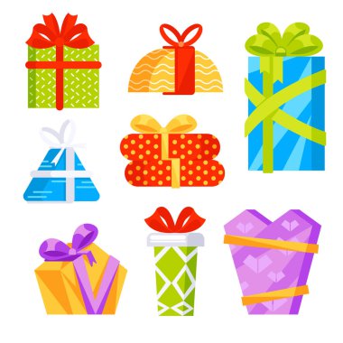 Hediye seti. Şenlik hediyesi sürprizi. Renkli hediye kutuları.