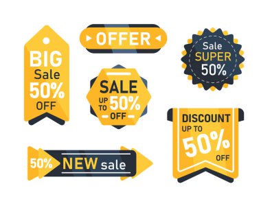 Satış elemanları rozetleri. Reklam ya da reklam. Promosyon fiyatı etiketi. Süper Satış. Yüzde 50 'ye kadar..