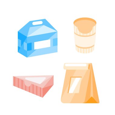 Yemek teslimatı için farklı karton paketler. Erişte kutusu, pasta kutusu ve kese kağıdı da dahil.