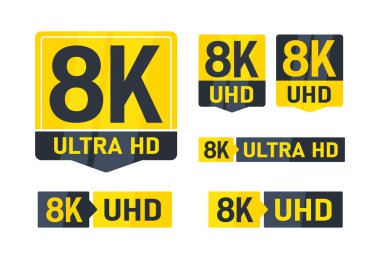 Televizyon biçimini gösteren sarı ve siyah 8k ultra çözünürlüklü HD TV ekran etiketleri..