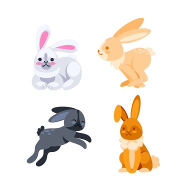 Farklı pozlarda dört sevimli çizgi film tavşanı, zıplıyorlar, oturuyorlar ve dinleniyorlar..