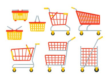 Beyaz arka planda izole edilmiş alışveriş yaparken alışveriş için boş market arabaları ve sepetleri..