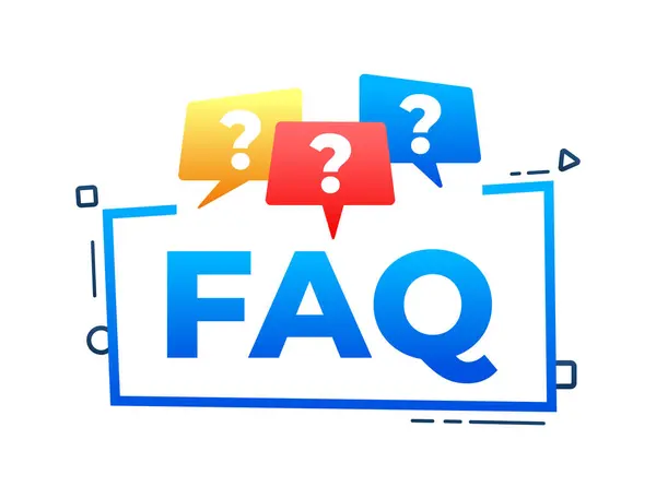 Konuşma baloncuklarıyla soru işaretleri içeren Faq kavramı içinde metin olan bir afiş üzerinde.