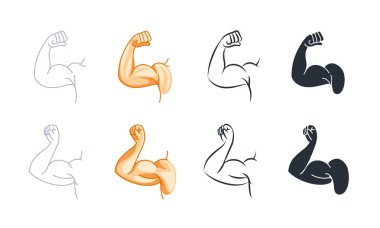 Güçlü kollar, kasları, güçlü ön kolları, çizgi film, siluet ve çizgi sanatı tarzında gösteriyor..