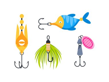 Tatlı suda ya da tuzlu suda balık yakalamak için keskin kancalı farklı balık türleri ve şekilleri..