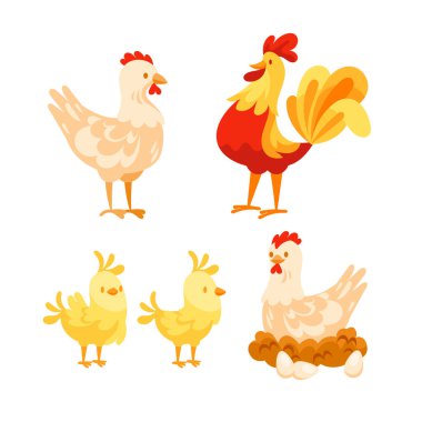 Çizgi filmde bir horoz, bir tavuk, iki civciv ve bir tavuk yumurtalı bir yuvada oturuyordu..