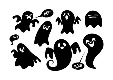 Farklı ifadelere sahip şirin çizgi film hayaletleri koleksiyonu, Cadılar Bayramı temalı tasarımlar için mükemmel..