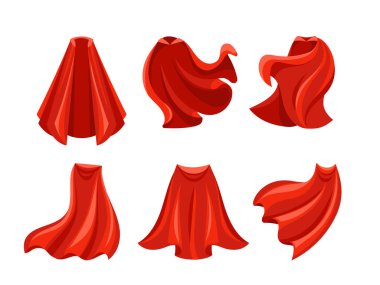 Rüzgarda hareket eden ve çizgi romanlar veya fantaziler için uygun kırmızı bir süper kahraman pelerininin altı çizimi.