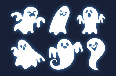 Altı çizgi film hayaleti yüzüyorlar ve farklı yüzler yapıyorlar, mutluluktan korkmaya, koyu mavi bir arka planda..